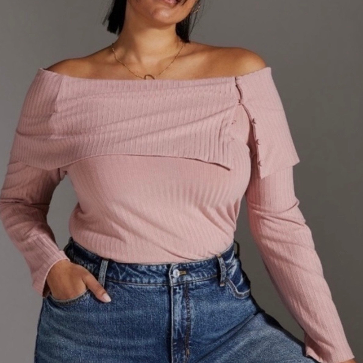Anthropologie Ribbed Knit Off Shoulder Top Mauve Rose Pink Large L